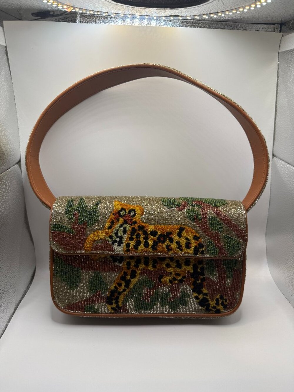 Staud beaded shoulder bag with tiger motif